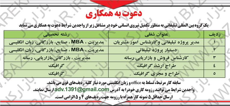 استخدام مدیر و گرافیست در گروه بین المللی تبلیغاتی 