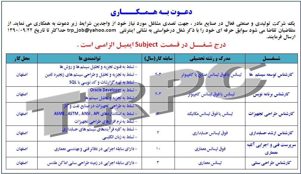 استخدام کارشناس در يک شركت توليدی و صنعتی فعال در صنايع مادر اصفهان 