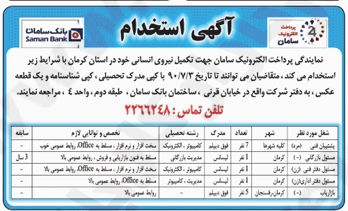 استخدام بانک سامان در کرمان