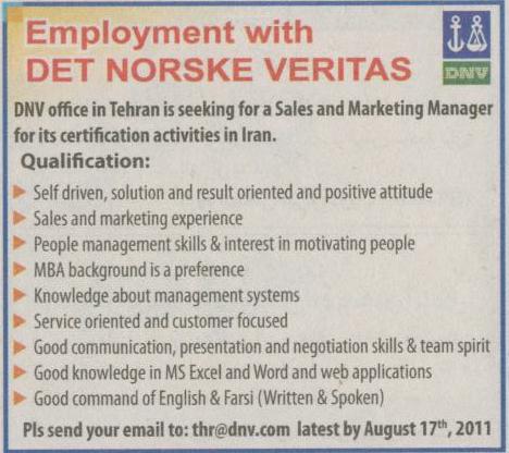 Employment With DET NORSKE VERITAS