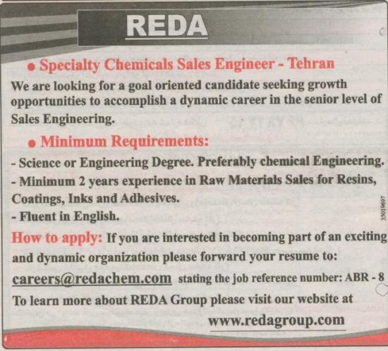 specialty chemicals sales engineer-tehran